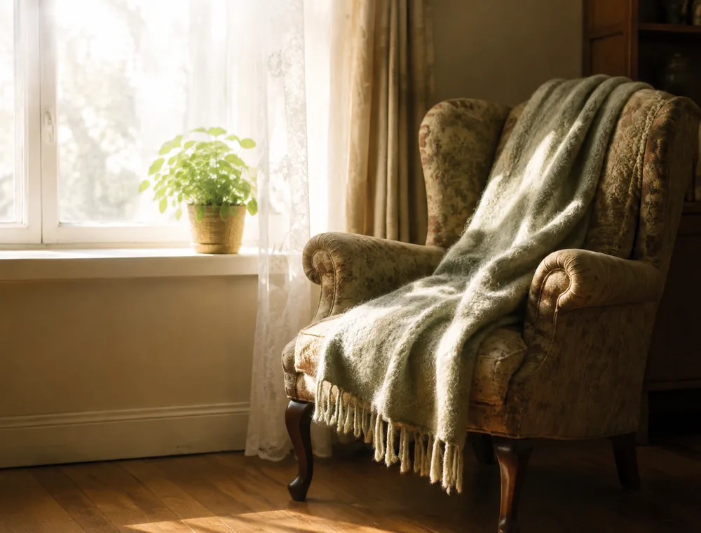 Leerer Lesesessel mit Wolldecke am hellen Fenster, Morgenlicht